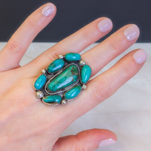 Sterling Multi-Stone Turquoise Cluster Ring — Size 10.25 - Picture 1 of 14